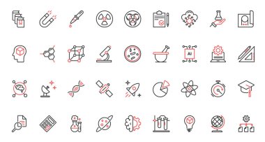 Vektör illüstrasyon eğilimi kırmızı siyah çizgi simgeleri bilim araştırma teknolojisi, bilimsel laboratuvar ekipman sembolleri, bilgi çalışması kimya, fizik, üniversitede biyoloji, veri analizi