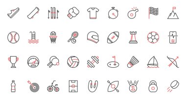 Vector illüstrasyon kırmızı siyah çizgi simgeleri spor antrenmanı için ayarlandı, spor salonundaki sağlıklı egzersizleri kontrol etmek için tıbbi mobil uygulama, ödül futbolu, tenis basketbol yarışması