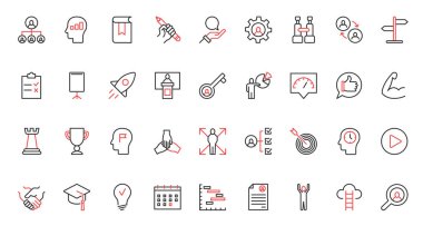 Kariyer büyümesi, atölye organizasyonu ve danışmanlık, danışmanlık, değerlendirme ve öğretmenle iletişim. Danışmanlık, iş ekipleri için eğitim modayı takip eden kırmızı siyah ince çizgi simgeleri vektör illüstrasyonunu ayarlar