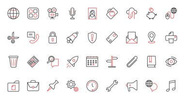 Mikrofon hesap makinesi, video ve müzik galerisi web uygulaması telefon, e-posta ve yer bilgisi araması, küresel destek servisi. Mobil uygulamalar kırmızı siyah ince çizgi simgeleri vektör illüstrasyonunu ayarlar.
