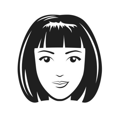 Orta boylu saçlı bir kadın. Moda modası geçmiş kadın başlık logosu monokrom çizimi