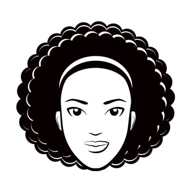 Afro saçlı bir kadın kafası. Moda modası geçmiş kadın başlık logosu monokrom çizimi