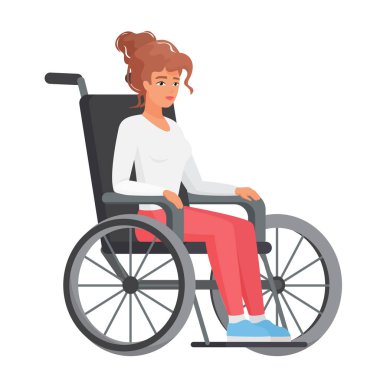 Tekerlekli sandalyedeki genç kadın. Özürlü, gülümseyen kadın vektör çizimi