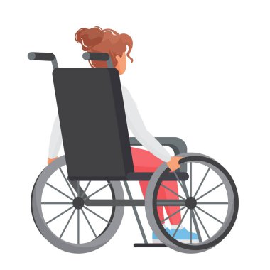 Tekerlekli sandalyede oturan kadının arka görüntüsü. Kısıtlı hareketli çizgi film çizimi olan bayan