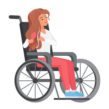 Tekerlekli sandalyede saçını tarayan bir kadın. Kısıtlı hareketli çizgi film çizimi olan kadının hijyen rutini