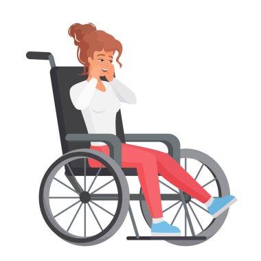 Tekerlekli sandalyedeki heyecanlı kadın. Hareket kabiliyeti kısıtlı vektör çizimi olan bayanın tıbbi rehabilitasyonu