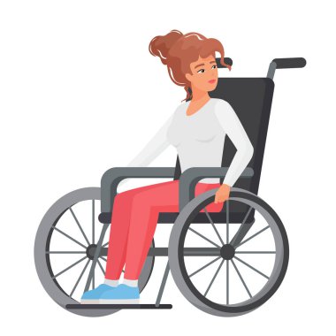 Tekerlekli sandalyedeki kadın etrafa bakıyor. Tekerlekli sandalyedeki genç bayan vektör çizimi yapıyor.