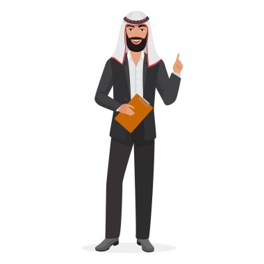 Arap işadamı işaret ediyor. Klasik takım elbise giyen Müslüman adam vektör çizimi