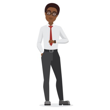 Siyah işadamı saate bakıyor. Afrikalı ofis çalışanı karikatür vektör çizimi
