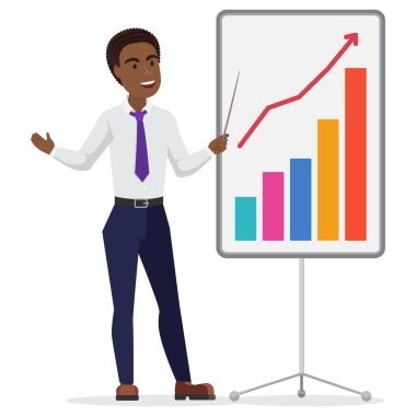 Siyah iş adamı sunum yapıyor. Afrikalı ofis çalışanı iş sonuçlarını karikatür vektör illüstrasyonunu gösterdi
