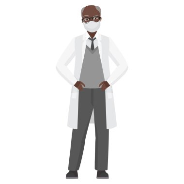 Elleri kalçasında olan bir doktor. Hastane klinik çalışanı beyaz önlüklü vektör çizimi yapıyor.