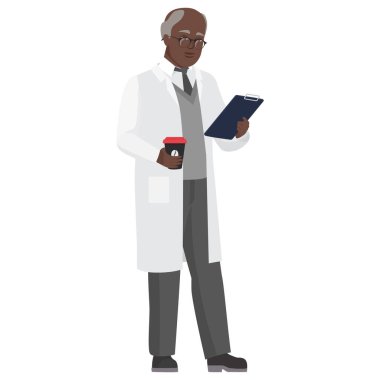 Doktor kahveyle birlikte okuyor. Hastane klinik çalışanı, çizgi film çizimi çizimleri okuyor.