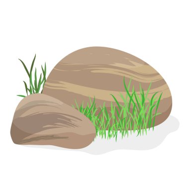 Çimenli gri taş. Peyzaj tasarımı, bitkilerle kayalar, doğa kaya karikatür vektör illüstrasyonu