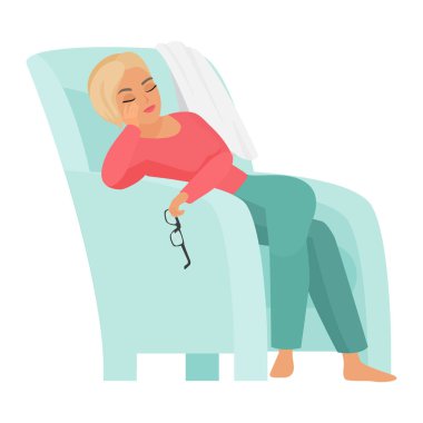 Koltukta uyuyan doktor kadın. Rahat hastane çalışanı çizgi film çizimi