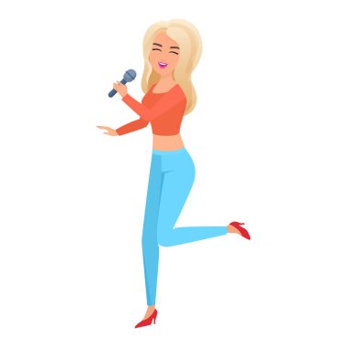 Karaoke partisinde şarkı söyleyen mutlu sarışın kız. Elinde mikrofon taşıyan kadın vektör çizimi
