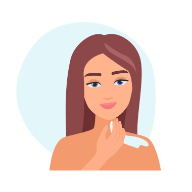 Boynuna krem süren bir kız. Güneş koruyucu krem, vücut bakımı düz vektör çizimi