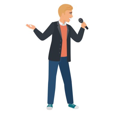 Karaoke partisinde şarkı söyleyen adam. Elinde mikrofon taşıyan genç adam vektör çizimi