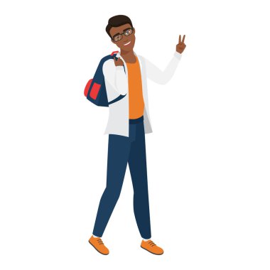 Mutlu erkek öğrenci karakteri. Sırt çantalı üniversite öğrencisi çizgi film çizimi çizen adam