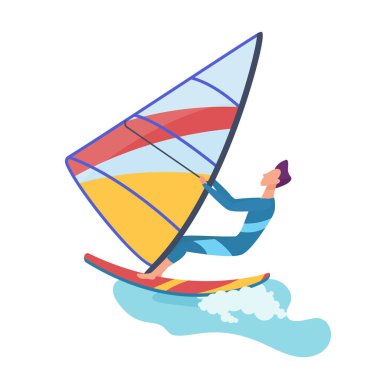 Dalgıç kıyafetli bir adam yelken vektör çizimi altında okyanus ya da deniz dalgalarında yüzüyor.