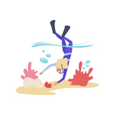 Dalgıç kıyafetli kadın okyanusun dibine dalıyor, mercan resiflerinin vektör çizimlerinden hoşlanıyor.