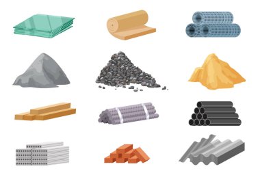 İnşaat ve yenileme malzemeleri ayarlandı. Kum ve taş yığını, metal ve ahşap bloklar, çatı yığınları ve çelik borular ve tuğla yığını, inşaat alanı vektör çizimi için koleksiyon