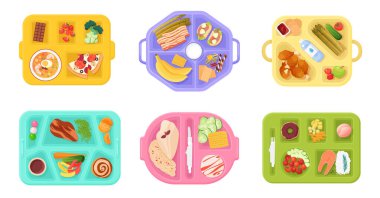 Okul beslenme çantalarında yemek, plastik tepsilerde lezzetli yemekler. Kahvaltı ya da akşam yemeği ya da tatlı tabakları ile açık tabaklar üst görünümü, sağlıklı beslenme koleksiyonu çizgi film vektör çizimi