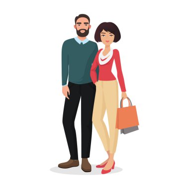 Yürüyen çift, genç mutlu yetişkin erkek ve kadın vektör illüstrasyonunda birlikte duruyorlar.