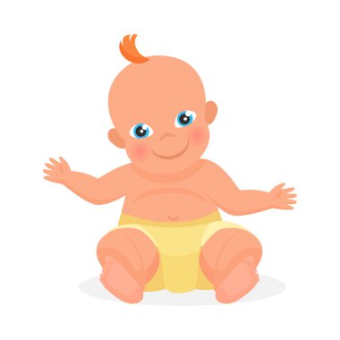 Sarı bezli yeni doğmuş bebek oturuyor, mutlu çocuk vektör çizimi yapıyor.