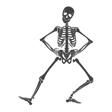 Siyah insan iskeletinin dansı, enerji dansı hareketi mutlu komik ölü karakter çizimi
