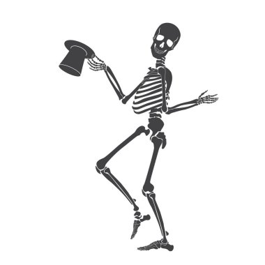 Siyah iskelet dansı, ürkütücü Cadılar Bayramı hayalet karakteri şapka vektör illüstrasyonuyla yürüyor.