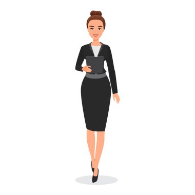 Resmi giysiler içinde iş kadını elinde tablet, sunumda konuşan bayan öğretim görevlisi veya vektör illüstrasyonunda iş kadını