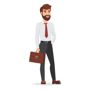 Elinde evrak çantası olan komik bir ofis çalışanı, sakallı bir adam.