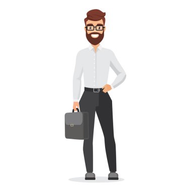 Komik, mutlu iş adamı elinde evrak çantası, kendine güvenen genç adam gülümseyen vektör çizimi.