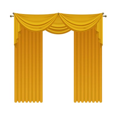 Klasik ipek kumaşlı altın açık lüks perdeler, 3 boyutlu altın kumaş kumaş kumaş kumaş kumaş ve gösteri için örtü veya olay vektörü illüstrasyonu
