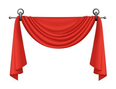 Örtülü ve dekoratif halkalı 3 boyutlu kırmızı perdeler.