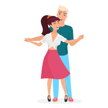 Genç erkek ve kadının romantik dansı, el ele tutuşan sevimli dansçılar.