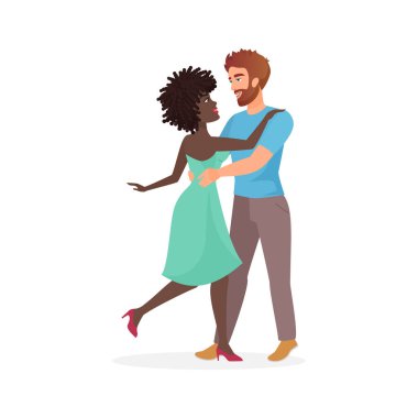 Mutlu çift dansı, erkek ve kadın karakterlerin romantik aşk dansı vektör illüstrasyonları