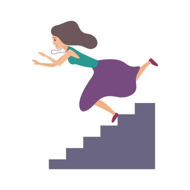 Aşağıda hızlı koşan kadın, kadın karakter merdiven vektör çiziminden düşüyor.