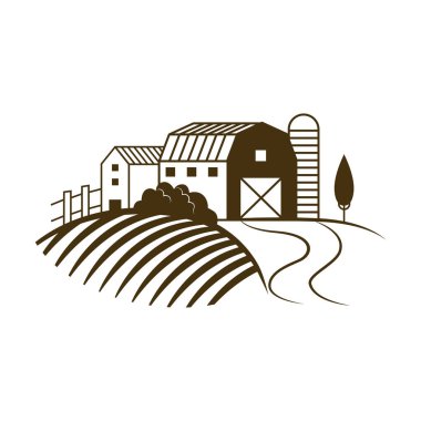 Tarlalardan çiftçilere giden yolu olan çiftlik manzarası eski ahşap kesim tarzı vektör illüstrasyonundaki evler