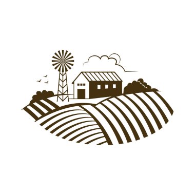Çiftlik ahırı ve tarım arazilerindeki yel değirmeni, klasik kırsal alan çizimi.