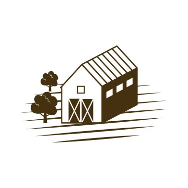 Tarlada eski ahşap biçimli çiftlik evi, kırsal ahır ve ağaç vektör çizimi