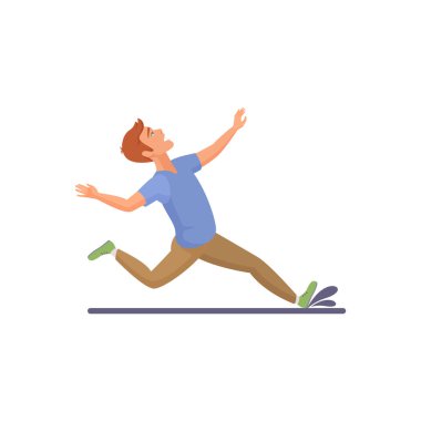 Su birikintisinde su sıçratan bir adam, erkek karakter düşen vektör çizimi