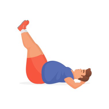 Genç ve cüsseli adam uzanıyor ve bacaklarını kaldırıyor. Kilolu adam vektör illüstrasyonunun spor egzersizi.