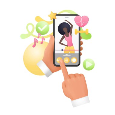 Bir adamın 3 boyutlu elleri ekranda fitness egzersizi ile telefonu tutar, dokunmatik düğme vektör illüstrasyonu