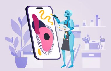 Telefon için sanat içeriği jeneratörü mobil uygulaması. Akıllı telefon ekranında yaratıcı resim çizen robot, dijital görüntü çevrimiçi vektör illüstrasyonu yaratmak için çalışan yapay zeka sanatçısı