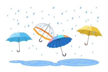 Sonbaharda, yaz veya bahar yağmurlarında yağmur damlalarından korunan açık şemsiyeler, yağmurlu hava afişleri. Farklı renklere sahip şemsiye grubu ve su geçirmez kumaş çizimi çizimi
