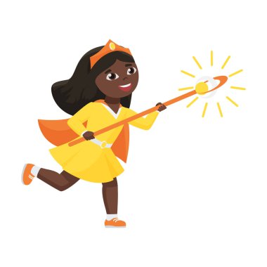 Sarı karnaval kostümlü şirin bir kız sihirli sopa vektör illüstrasyonuyla oynamak için koşuyor.