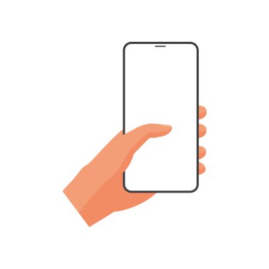 Akıllı telefonu tutan üç boyutlu insan eli, başparmak vektör çizimi ile beyaz ekrana dokunuyor.