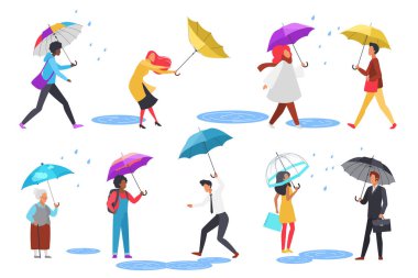 İnsanlar yağmurda şemsiyelerle yürür. Yağmurlu havada ve fırtınada yürüyen erkek ve kadın karakterler, genç öğrenci ve yaşlı bayan ayakta duran, iş adamı su birikintilerinde zıplayan çizgi film çizimleri.