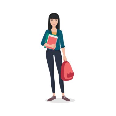 Sırt çantası ve kitapları olan öğrenci kız. Üniversiteli genç kız öğrenci, kolej öğrencisi bayan vektör çizimi